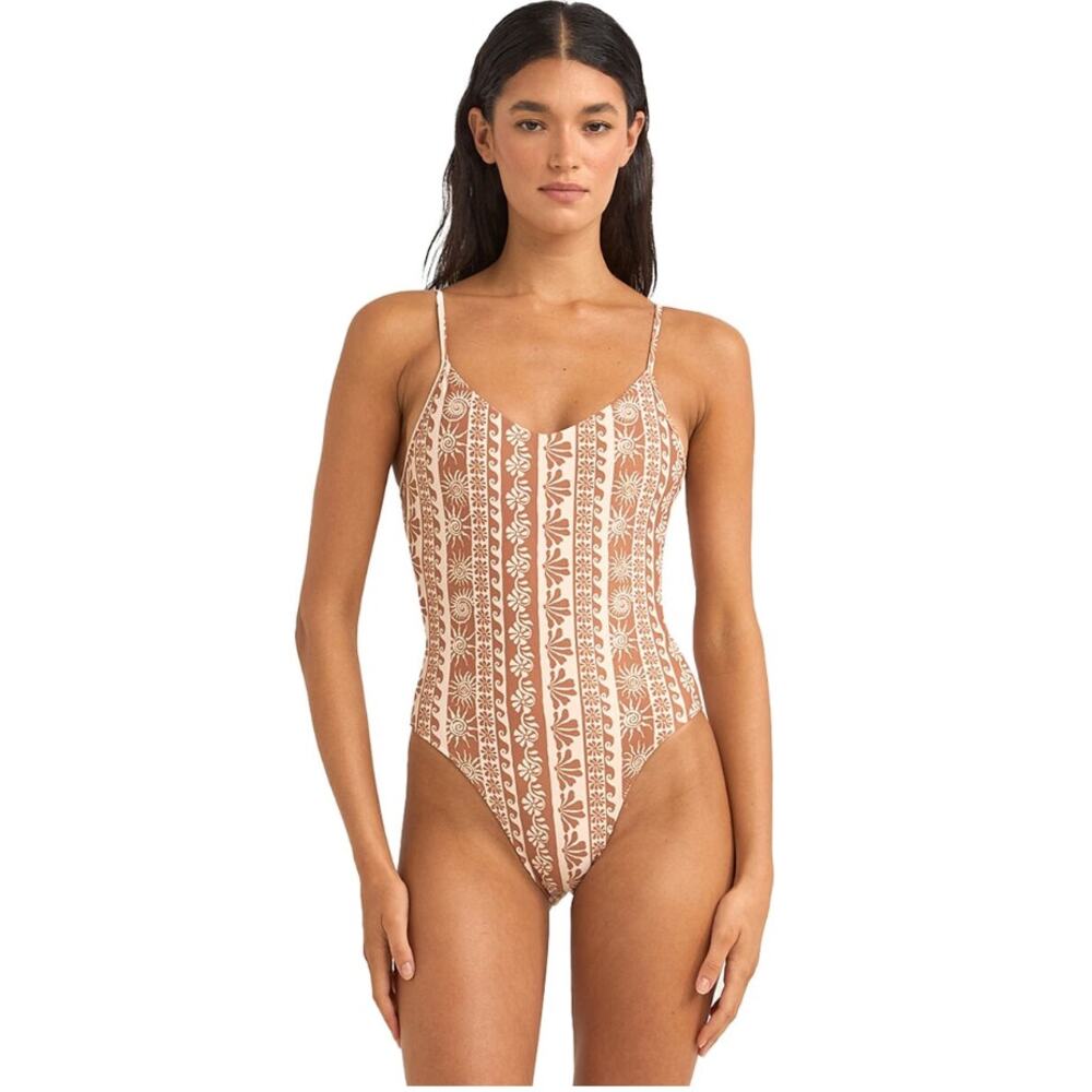 Rhythm. Cream and Brown Floral Stripe One-Piece Swimsuit